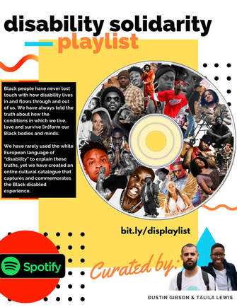[ID Yellow & white background with a CD with a collage of Black artists. To the left of the cd there is a black box with the top two paragraphs of this post. At the bottom is an image of the curators Dustin Gibson, a Black light skinned man and Talila “TL” Lewis, a Black genderfluid person.] 